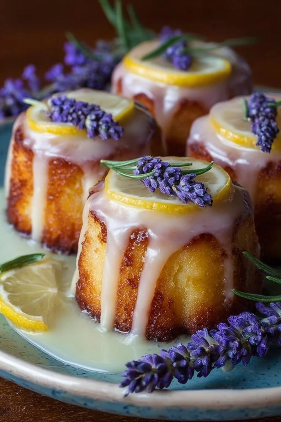Mini Lemon Cakes with Lavender Glaze 2 Mini lemon cakes drizzled with lavender glaze on a decorative plate.