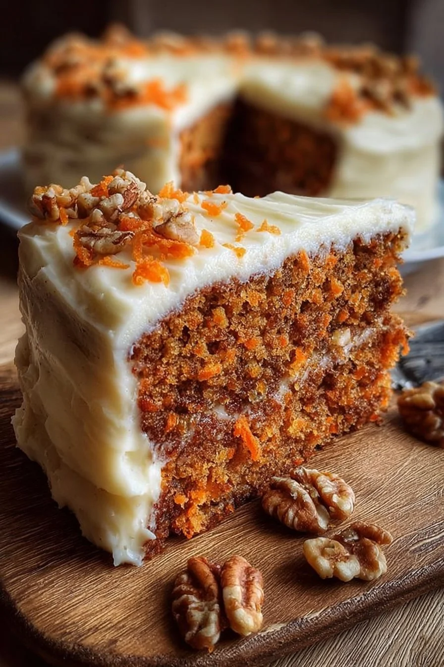 Moist Homemade Carrot Cake with Easy Cream Cheese Frosting 2 Moist homemade carrot cake with creamy cream cheese frosting on a plate.
