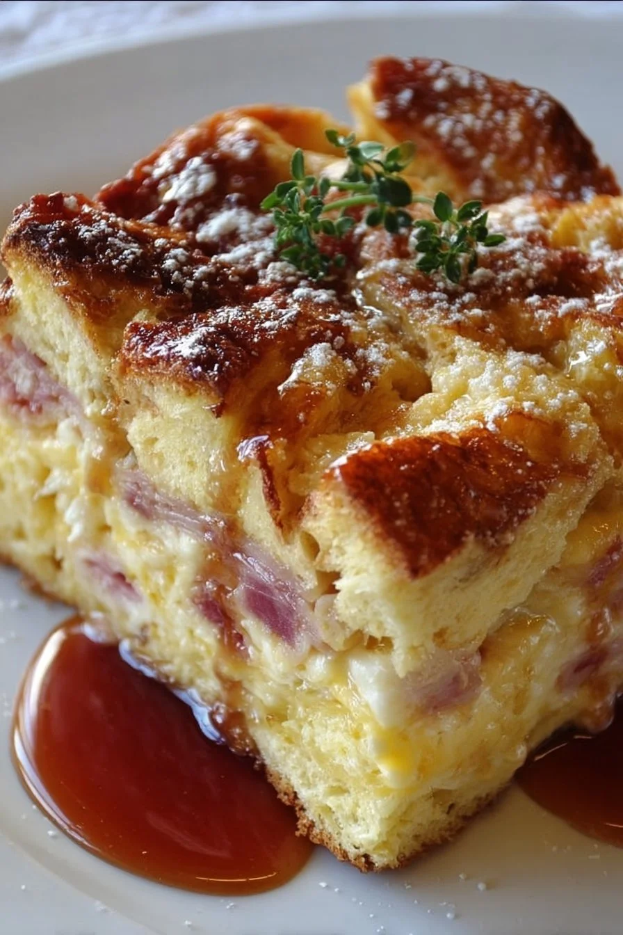 Monte Cristo breakfast casserole featuring ham, cheese, and egg layers.