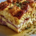 Monte Cristo breakfast casserole with ham, cheese, and egg layers