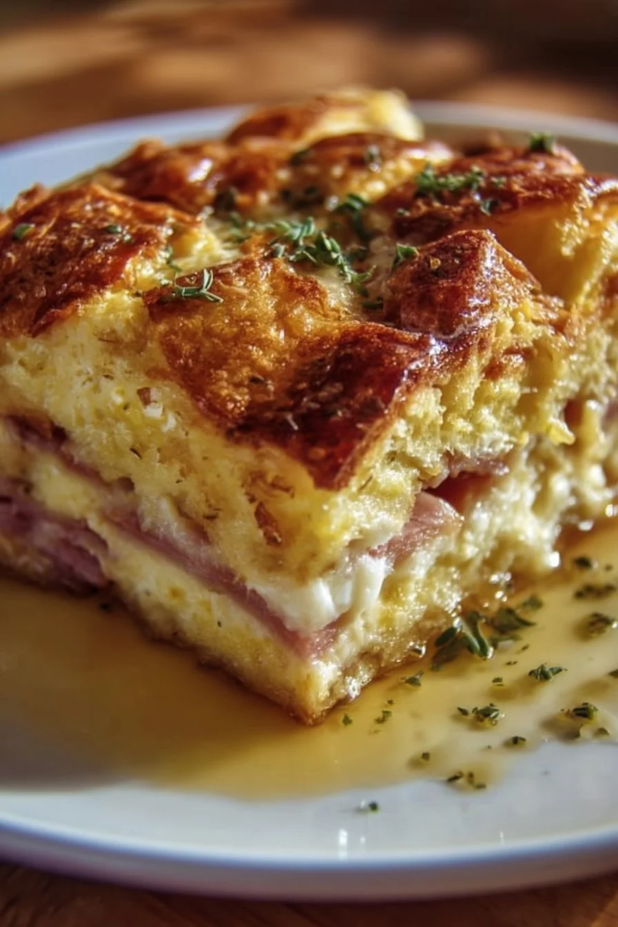 Monte Cristo breakfast casserole with ham, cheese, and egg layers
