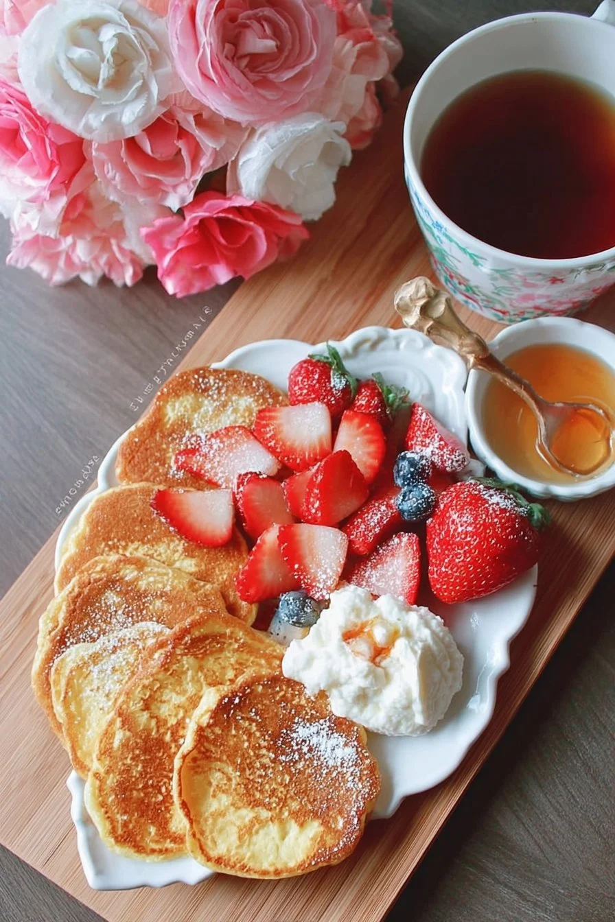 Mother's Day Special Breakfast 2 Delicious Mother's Day breakfast spread featuring pancakes, flowers, and coffee.