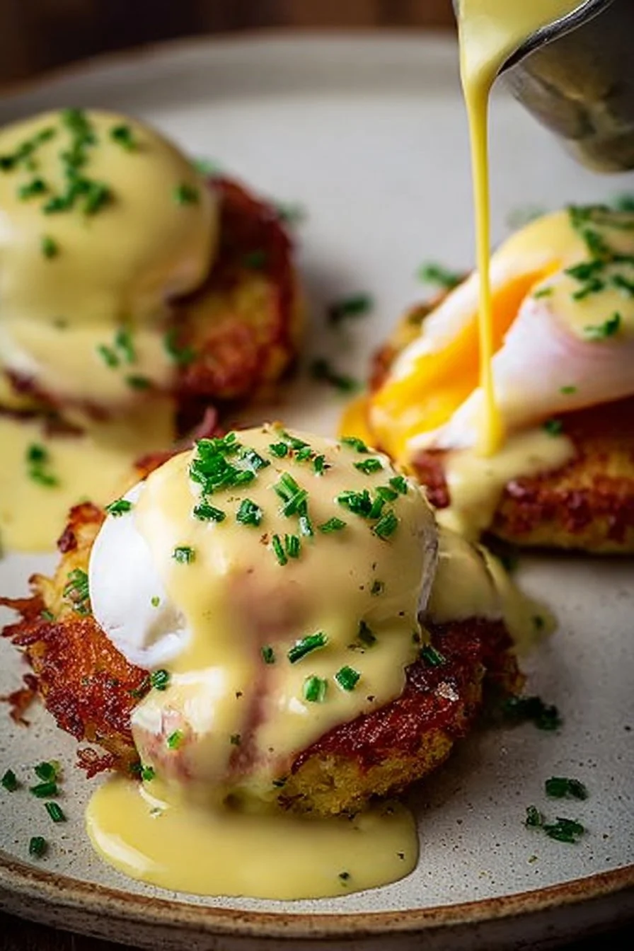 Delicious latke eggs benedict topped with hollandaise sauce and herbs.
