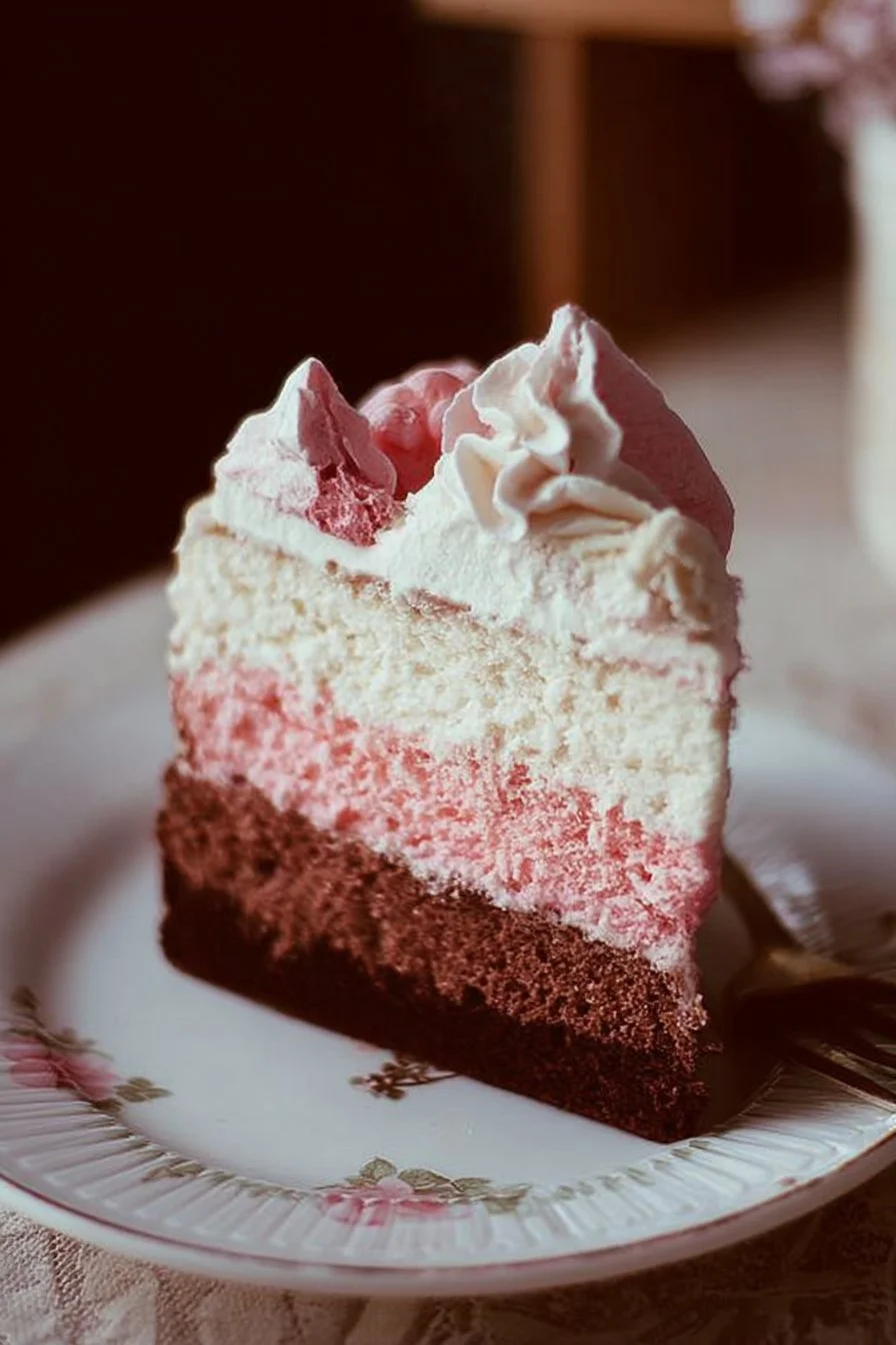 Delicious Neapolitan Cake with chocolate, vanilla, and strawberry layers