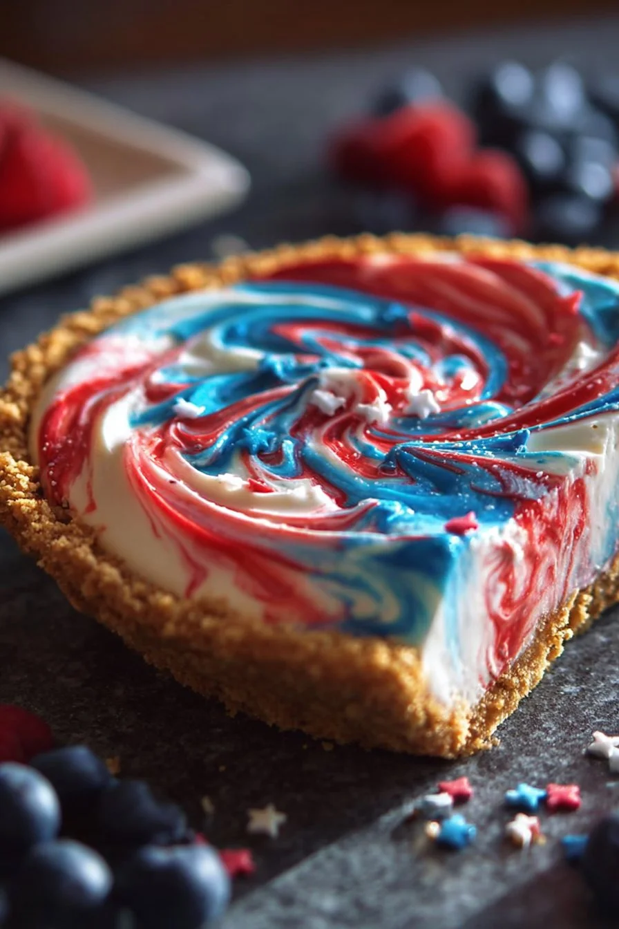 No-Bake 4th of July Swirl Pie garnished with fresh berries and cream.