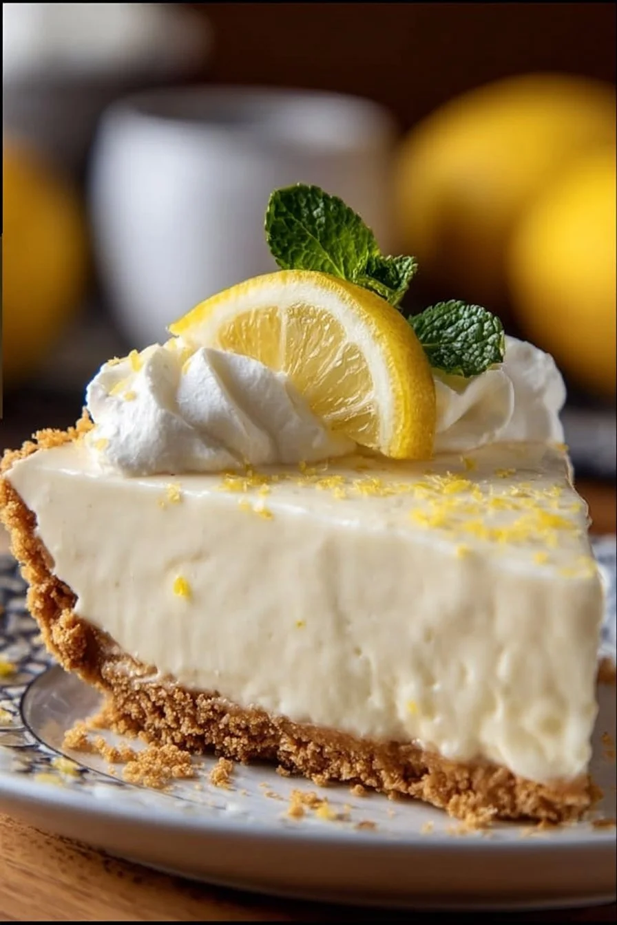No-Bake Lemon Icebox Pie sliced on a plate with lemon garnish