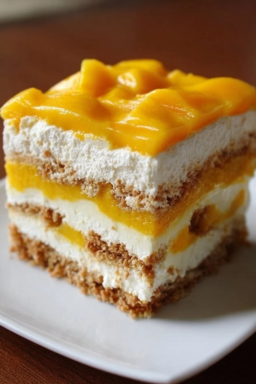 Delicious no-bake mango float dessert with layers of mango and cream