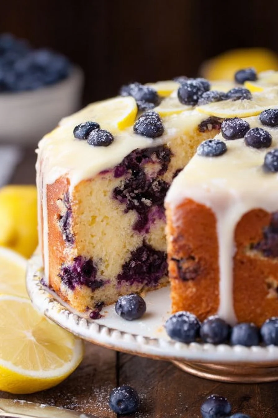 Delicious lemon blueberry cake topped with fresh blueberries and lemon zest
