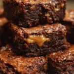 Decadent Snickers brownies topped with chocolate and caramel sauce.