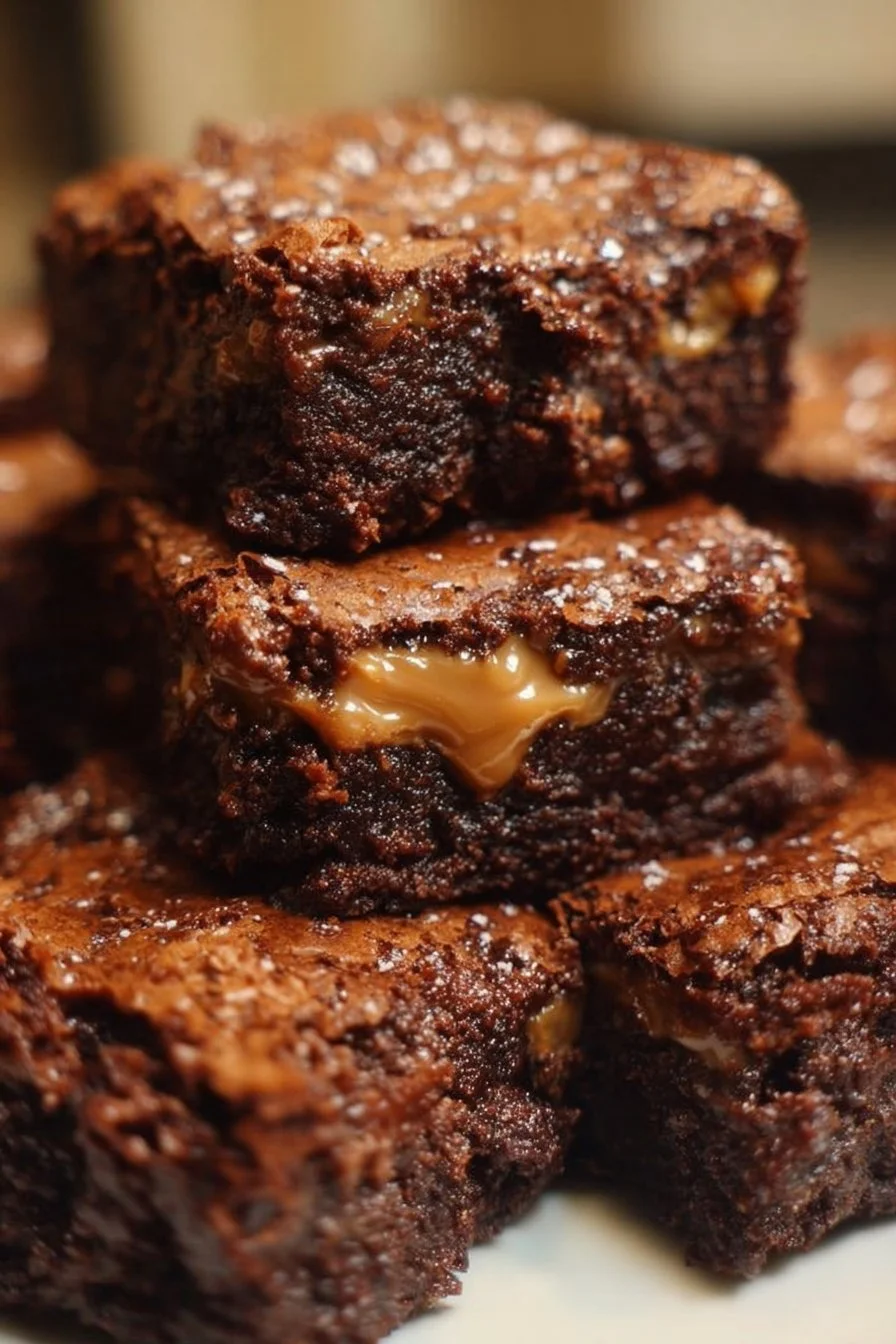 Decadent Snickers brownies topped with chocolate and caramel sauce.
