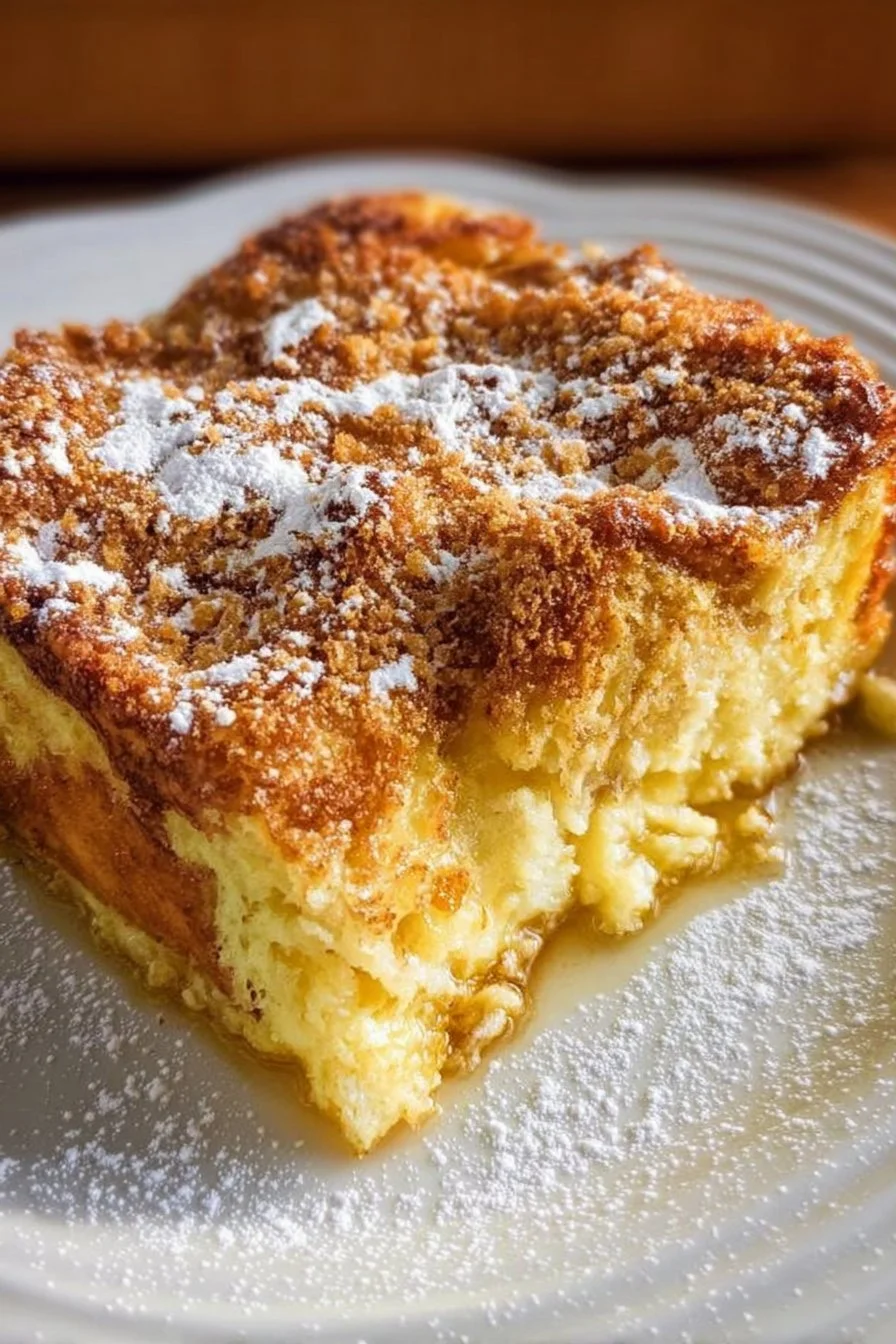 Delicious oven baked French toast casserole topped with syrup and berries.