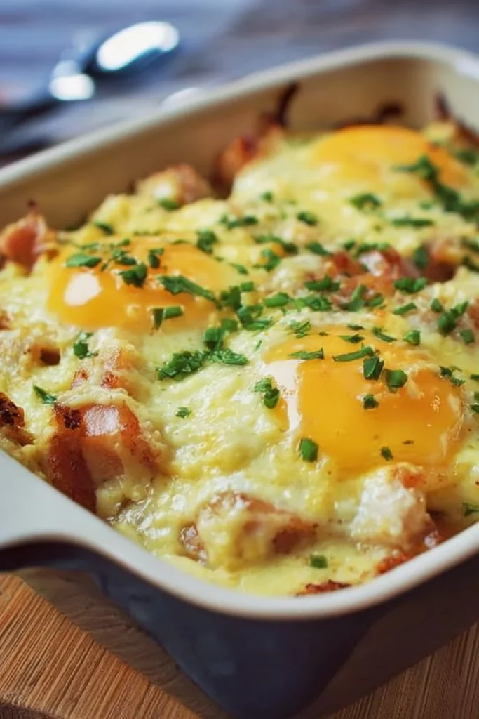 Delicious Overnight Eggs Benedict Casserole ready to serve for brunch
