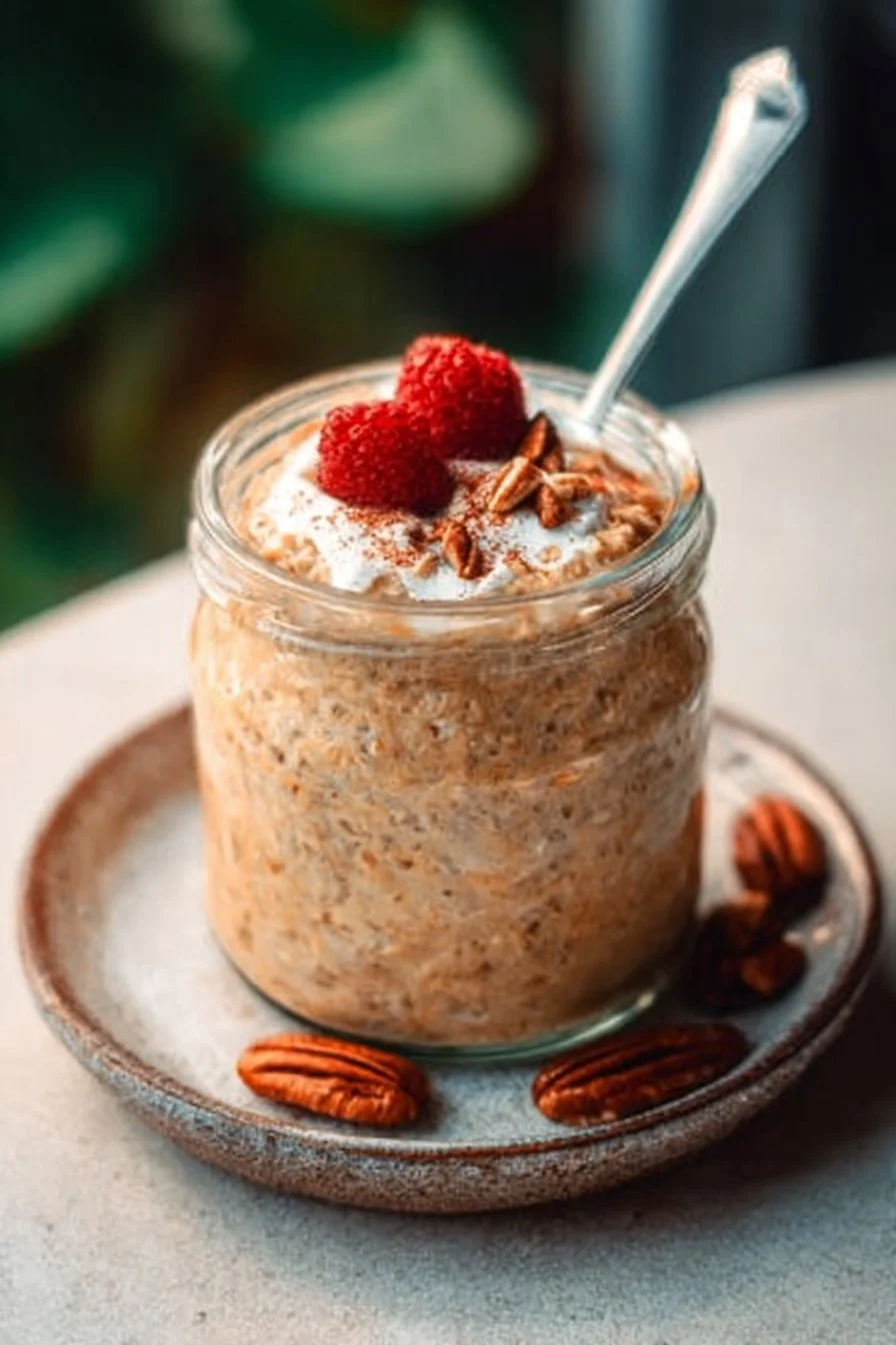 Overnight Oatmeal 2 Healthy overnight oatmeal with fruits and nuts in a glass jar.