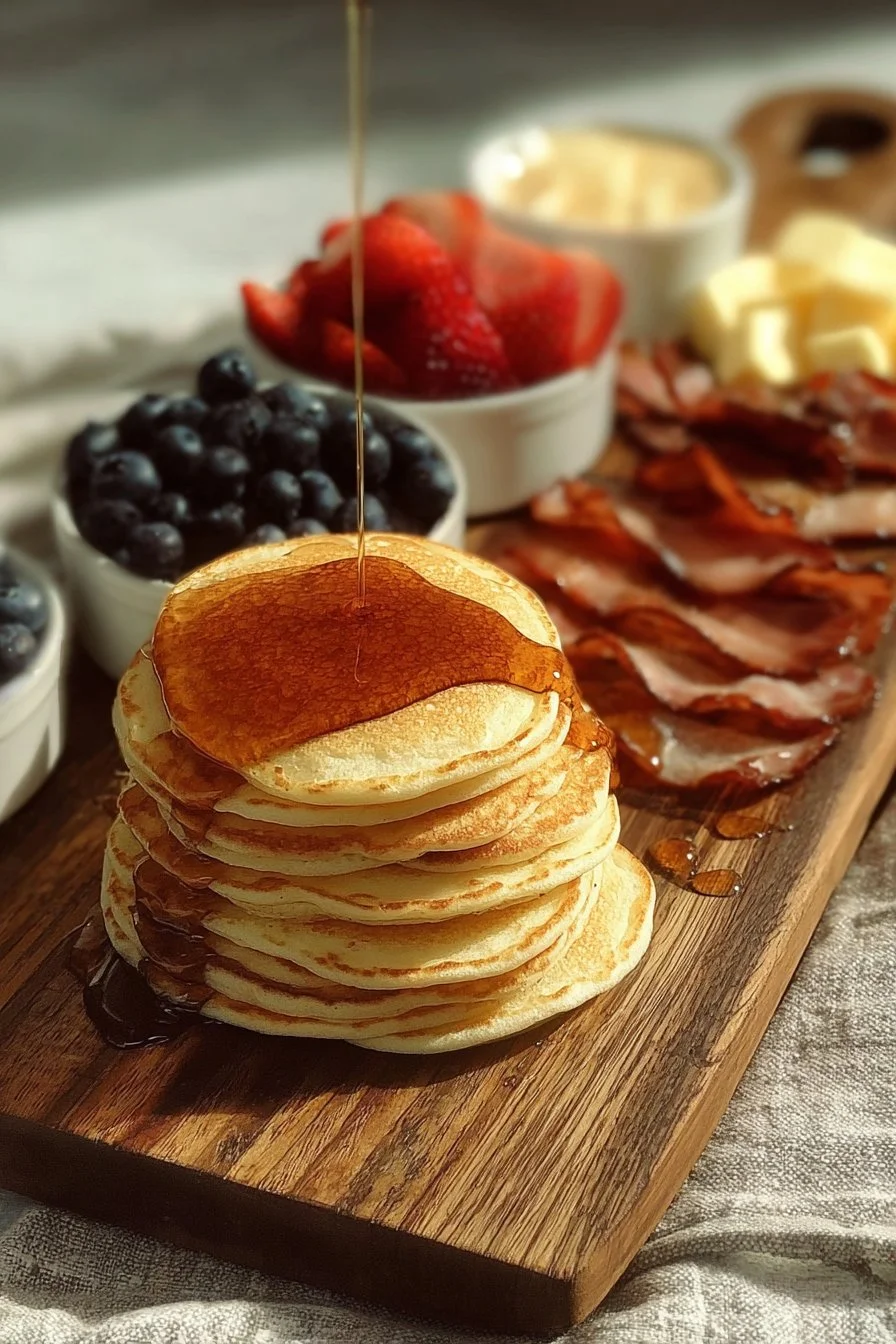 Pancake Perfection on a Board 2 Beautifully arranged pancakes showcasing pancake perfection on a serving board.