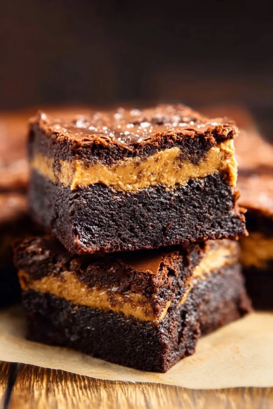 Delicious peanut butter stuffed brownies topped with chocolate