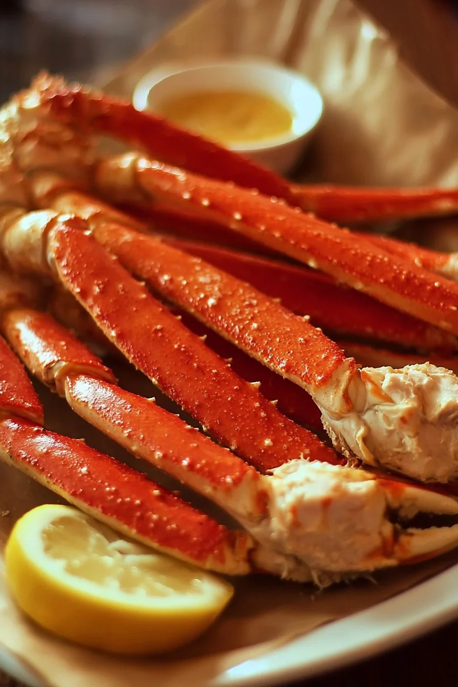 Perfectly cooked crab legs served with lemon and butter sauce