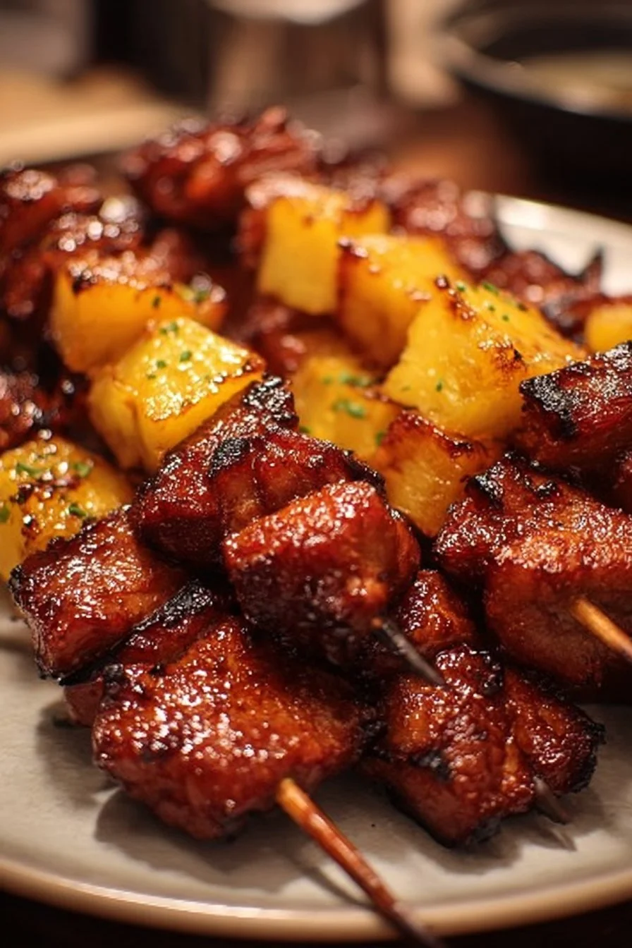 Delicious pineapple BBQ pork skewers grilling on a barbecue