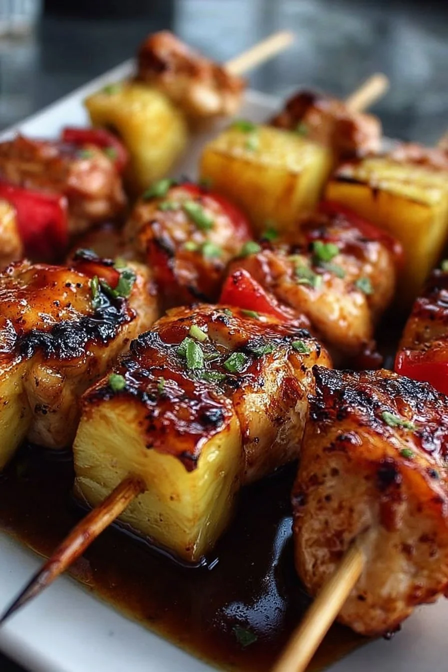 Grilled Pineapple Chicken Kabobs with colorful vegetables on skewers