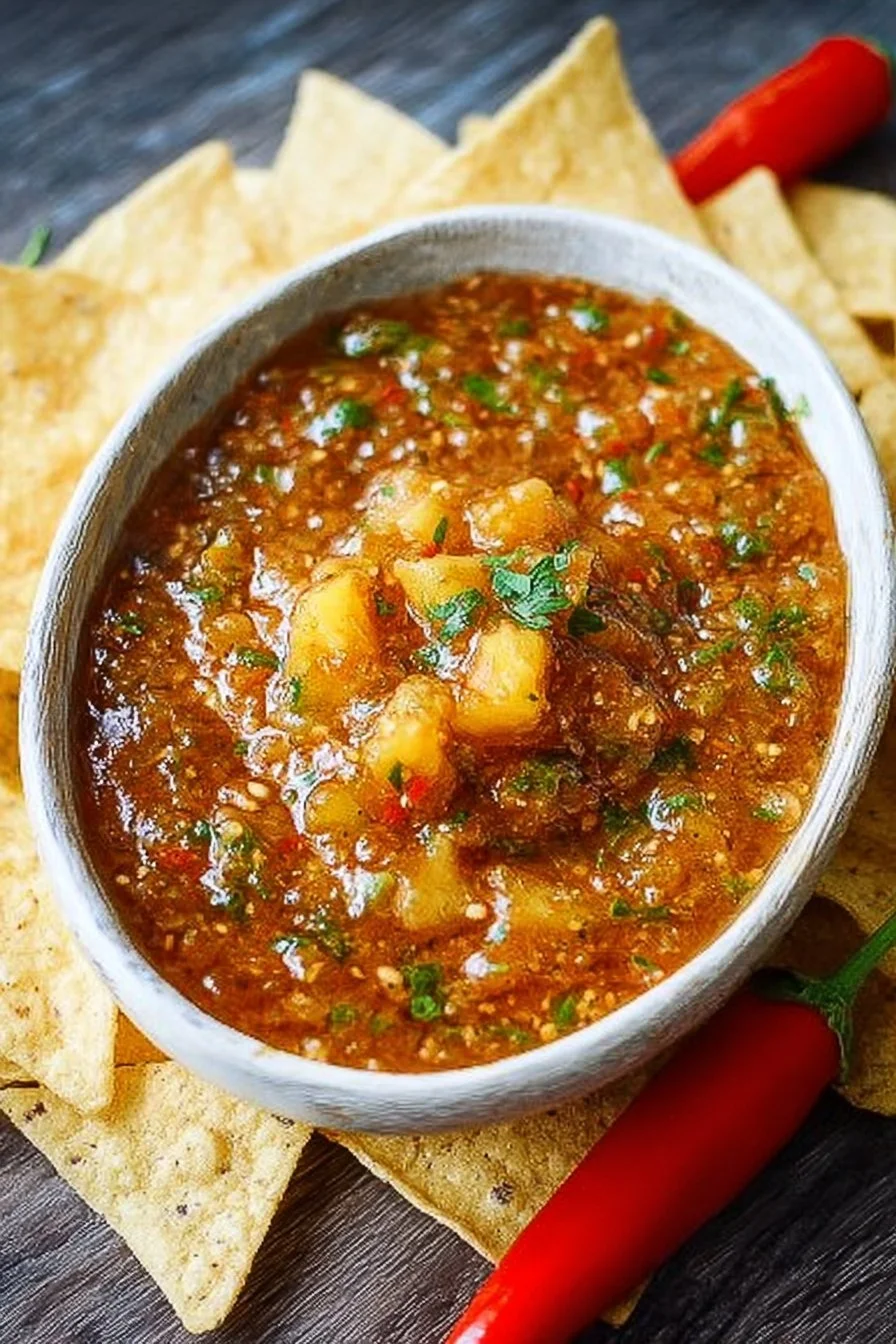 Delicious Pineapple Chipotle Salsa in a bowl with fresh ingredients