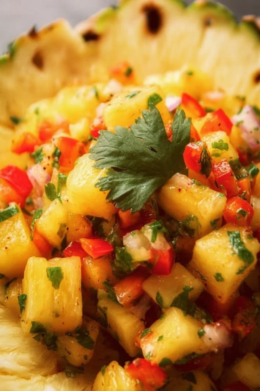 Freshly made pineapple salsa with chopped pineapple, onions, and cilantro