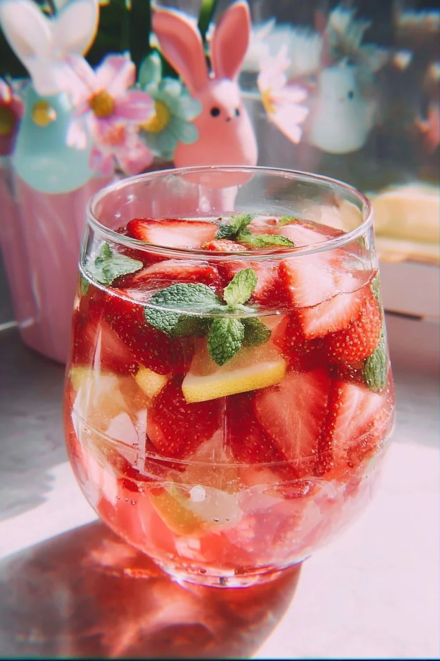 Refreshing Pink Easter Strawberry Sangria in a glass with strawberries and citrus fruit.