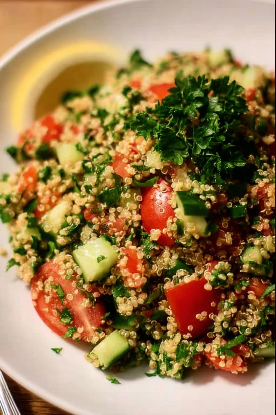 Quinoa Tabbouleh 2 Delicious quinoa tabbouleh salad garnished with vegetables and herbs.
