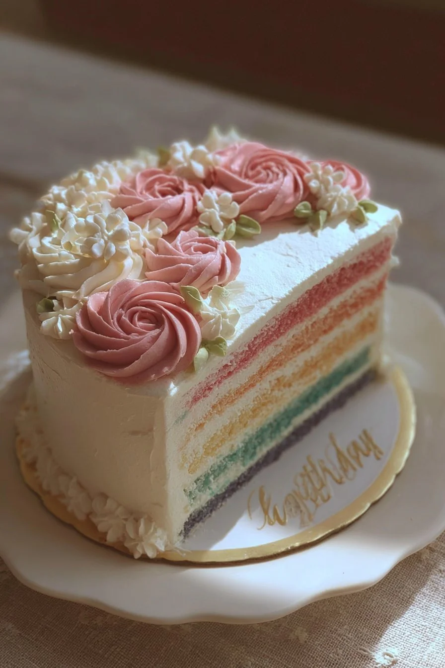 Rainbow Birthday Cake 2 Colorful rainbow birthday cake decorated for a festive celebration.