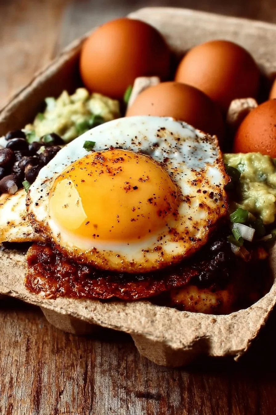 A plate of Ranch Style Eggs garnished with herbs and served with toast.