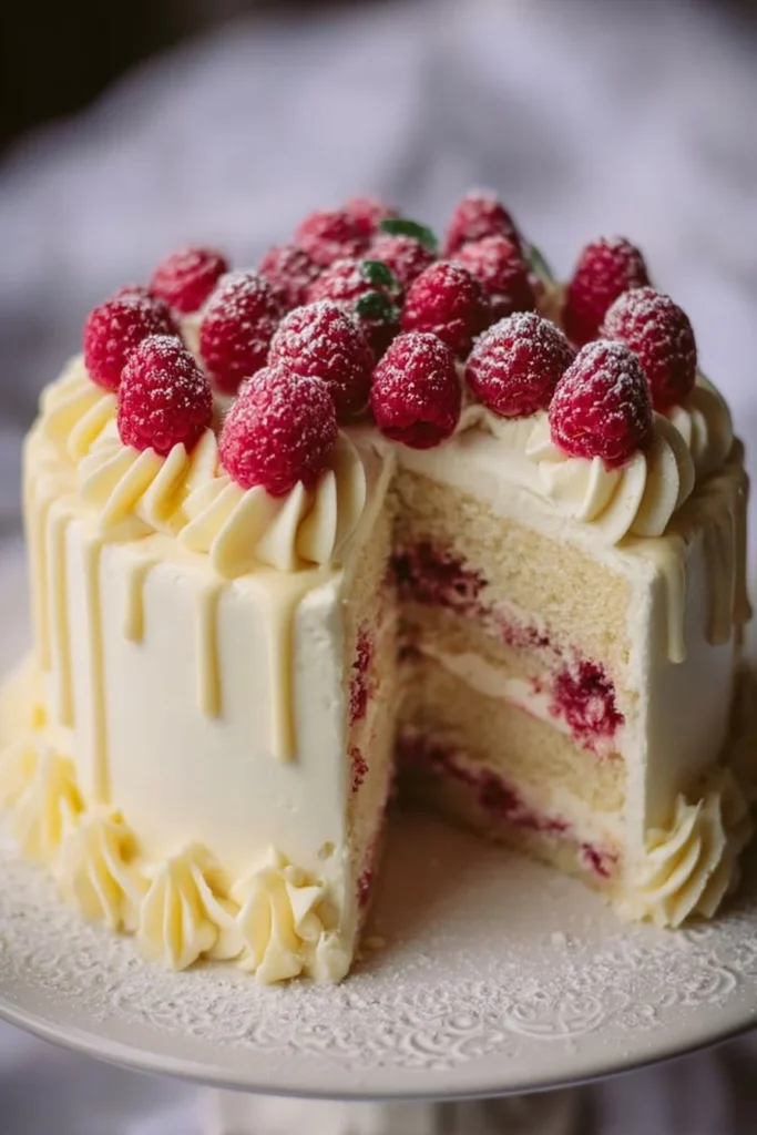 Slice of raspberry cake topped with lemon buttercream icing