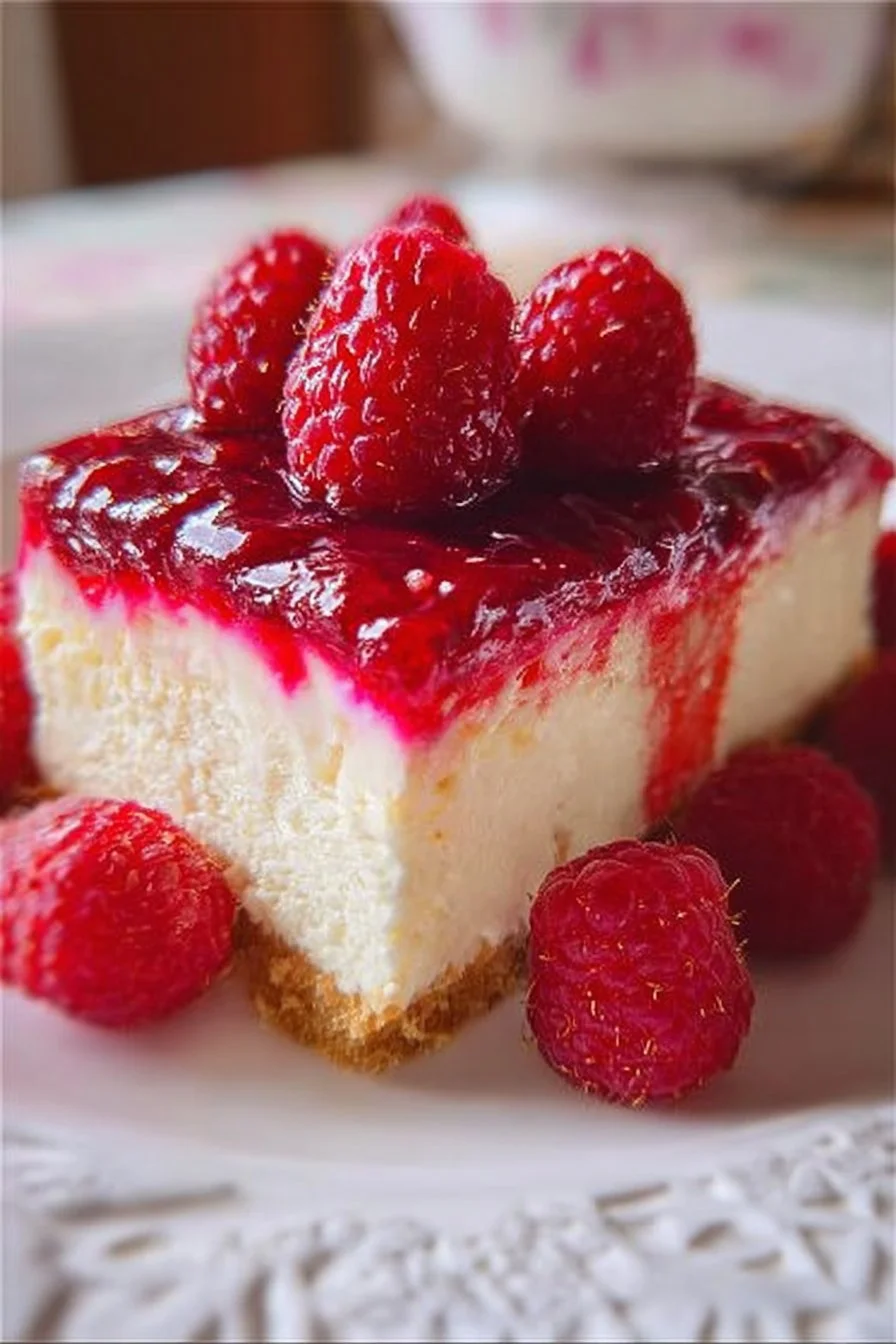 Delicious homemade raspberry cheesecake topped with fresh raspberries