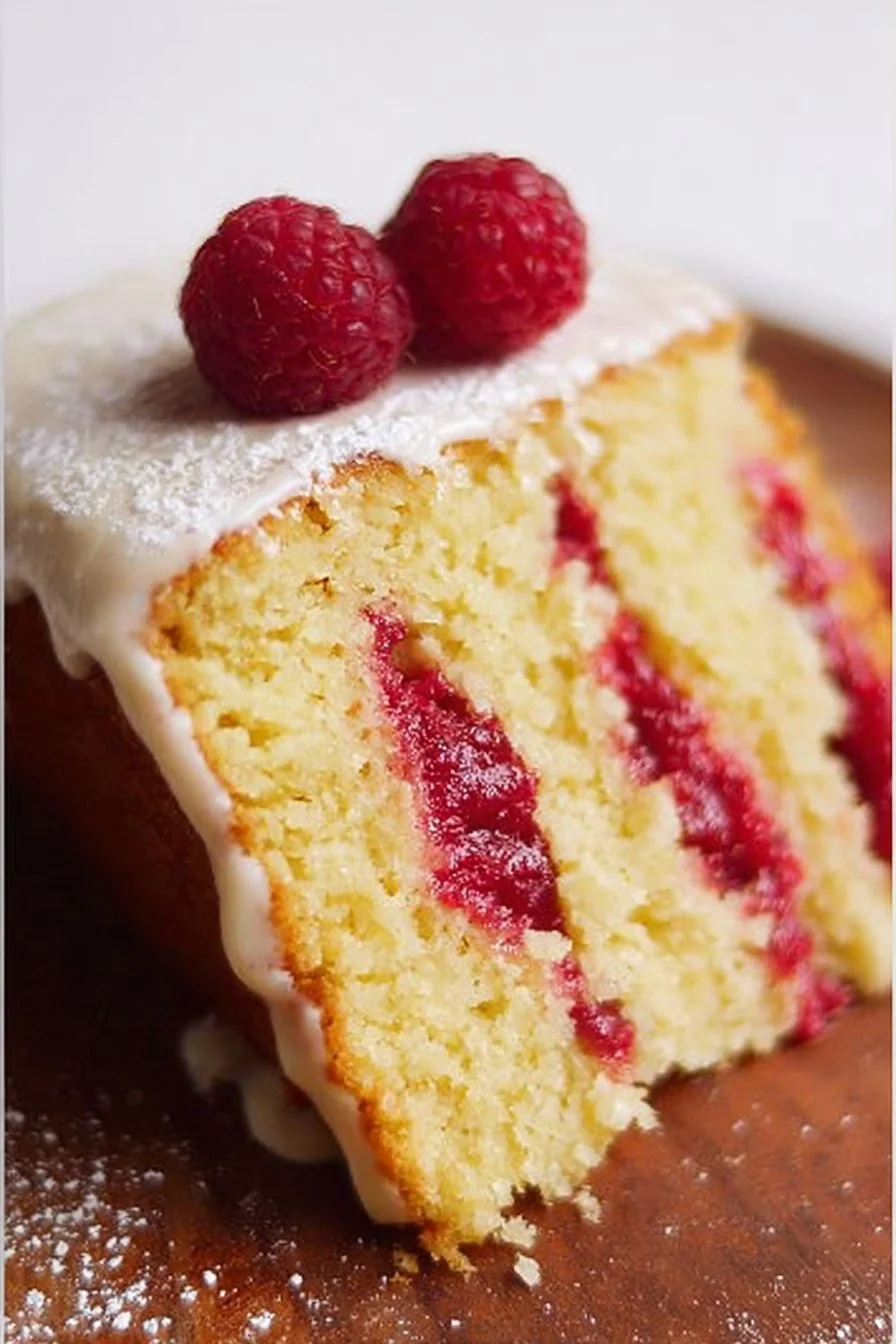 Raspberry Lemon Cake 2 Delicious Raspberry Lemon Cake with frosting and fresh raspberries