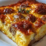 Baked Sausage and Egg Casserole topped with cheese and herbs