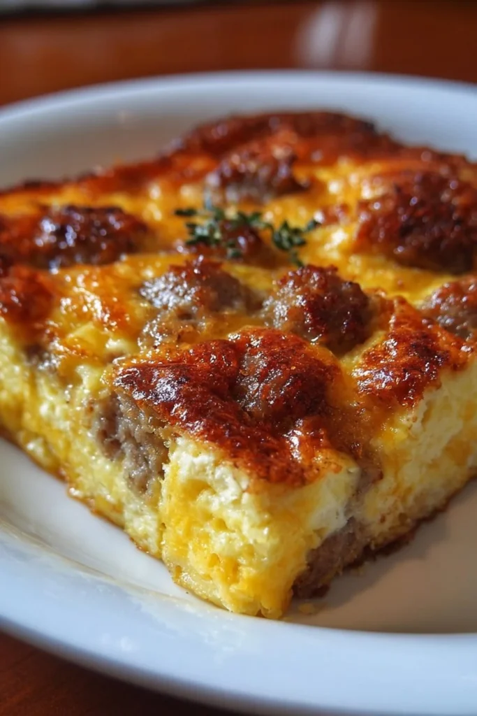 Baked Sausage and Egg Casserole topped with cheese and herbs