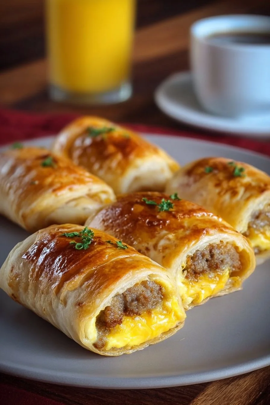 Sausage, egg, and cheese breakfast roll-ups served on a plate