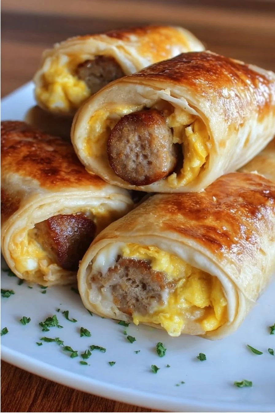 Sausage, egg, and cheese breakfast roll-ups on a plate