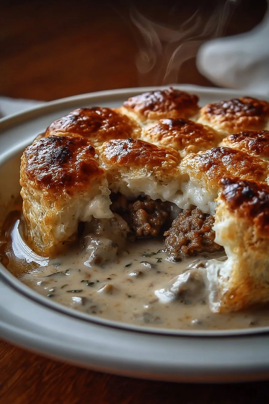 Delicious Sausage Gravy and Biscuit Pie served on a plate