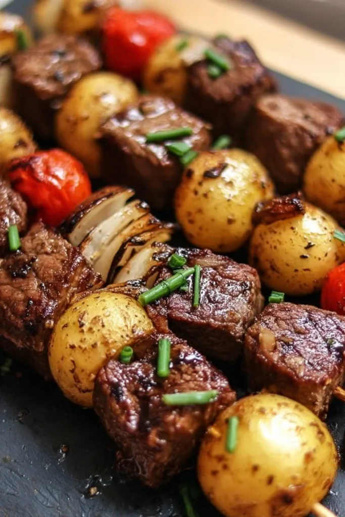 Savory grilled steak and potato kabobs served on skewers