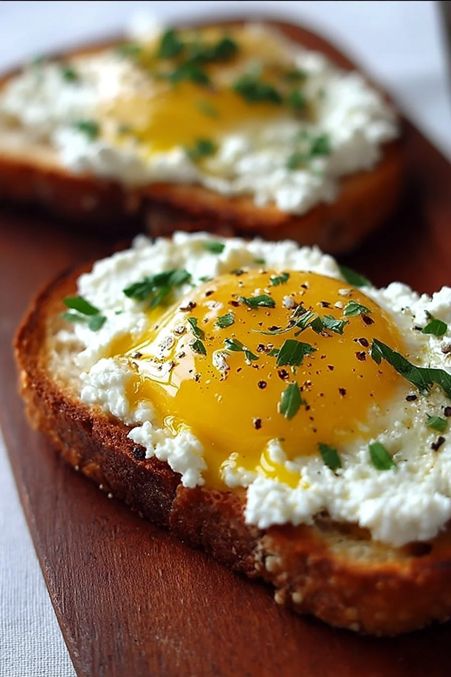 Delicious Simple Egg and Ricotta Toast topped with herbs