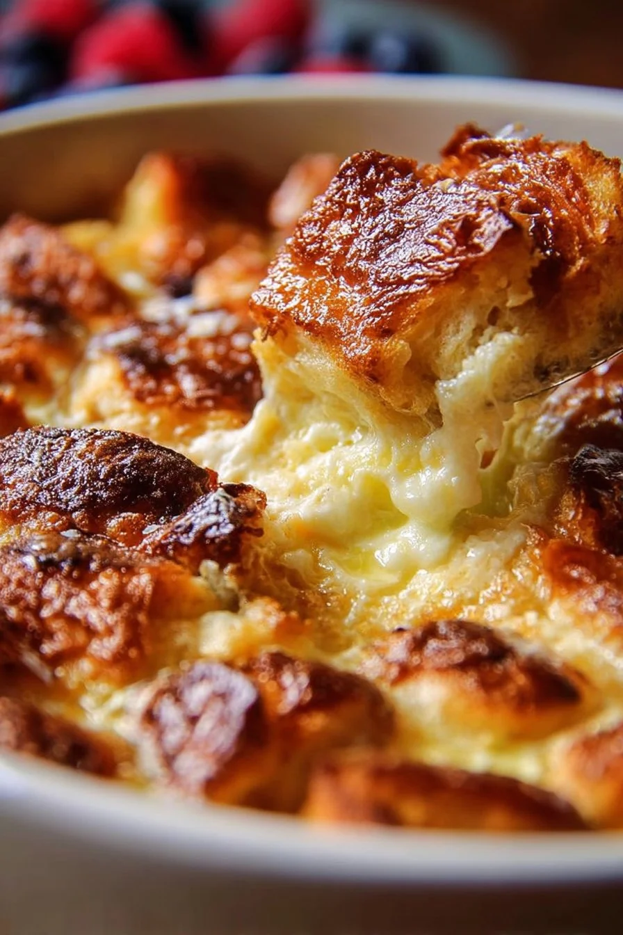 Delicious simple sweet croissant breakfast casserole ready to serve