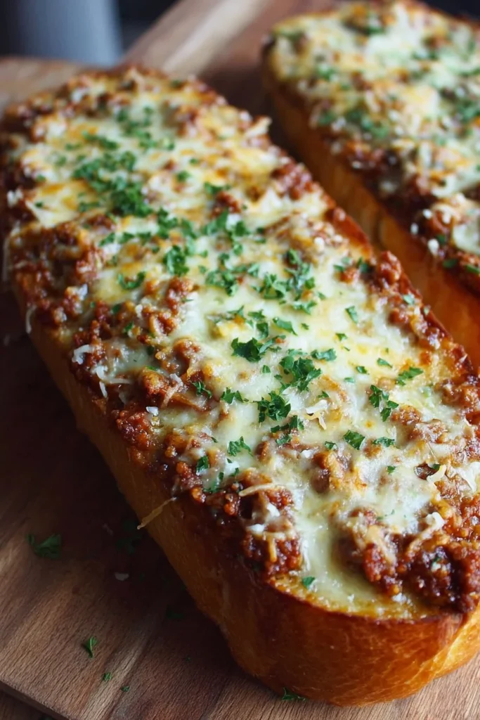 Sloppy Joe Garlic Bread topped with cheesy goodness and savory filling