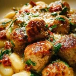 Slow Cooker Tuscan Chicken Meatballs served with gnocchi and fresh herbs