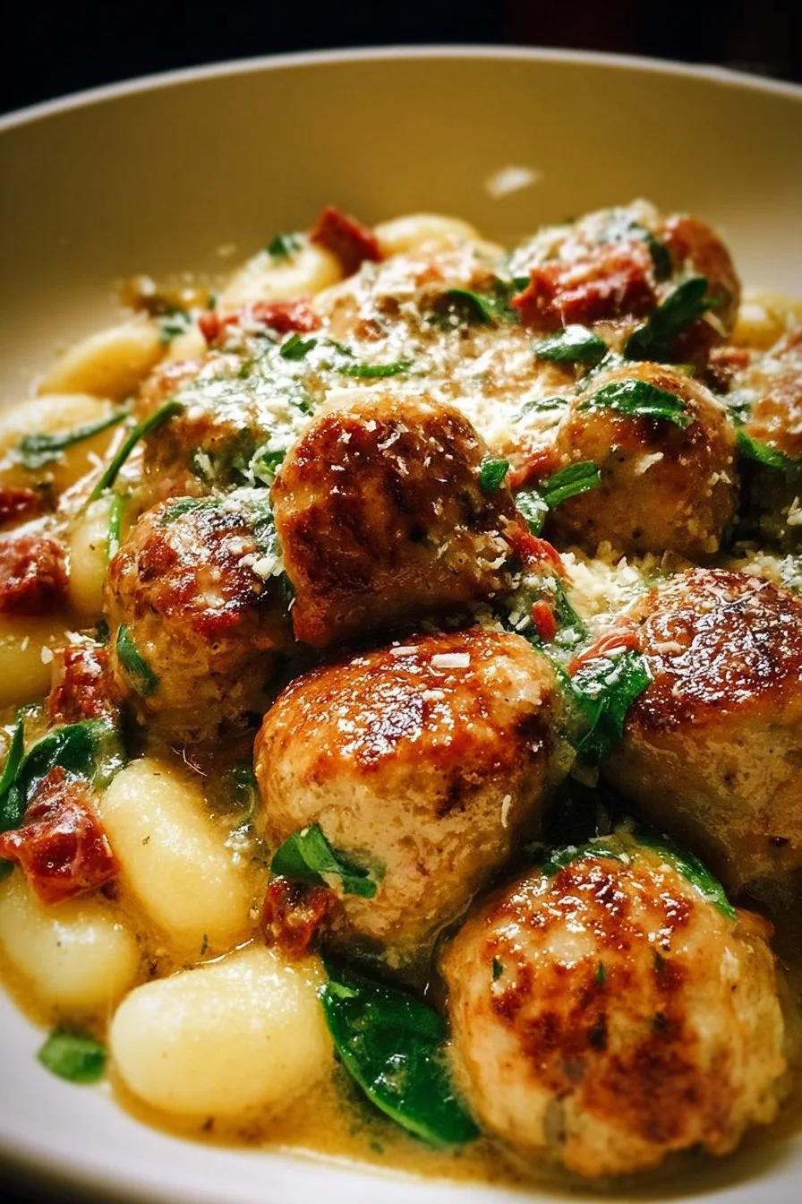 Slow Cooker Tuscan Chicken Meatballs served with gnocchi and fresh herbs