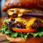 Smoky Cajun cheese burgers served with toppings and sauces