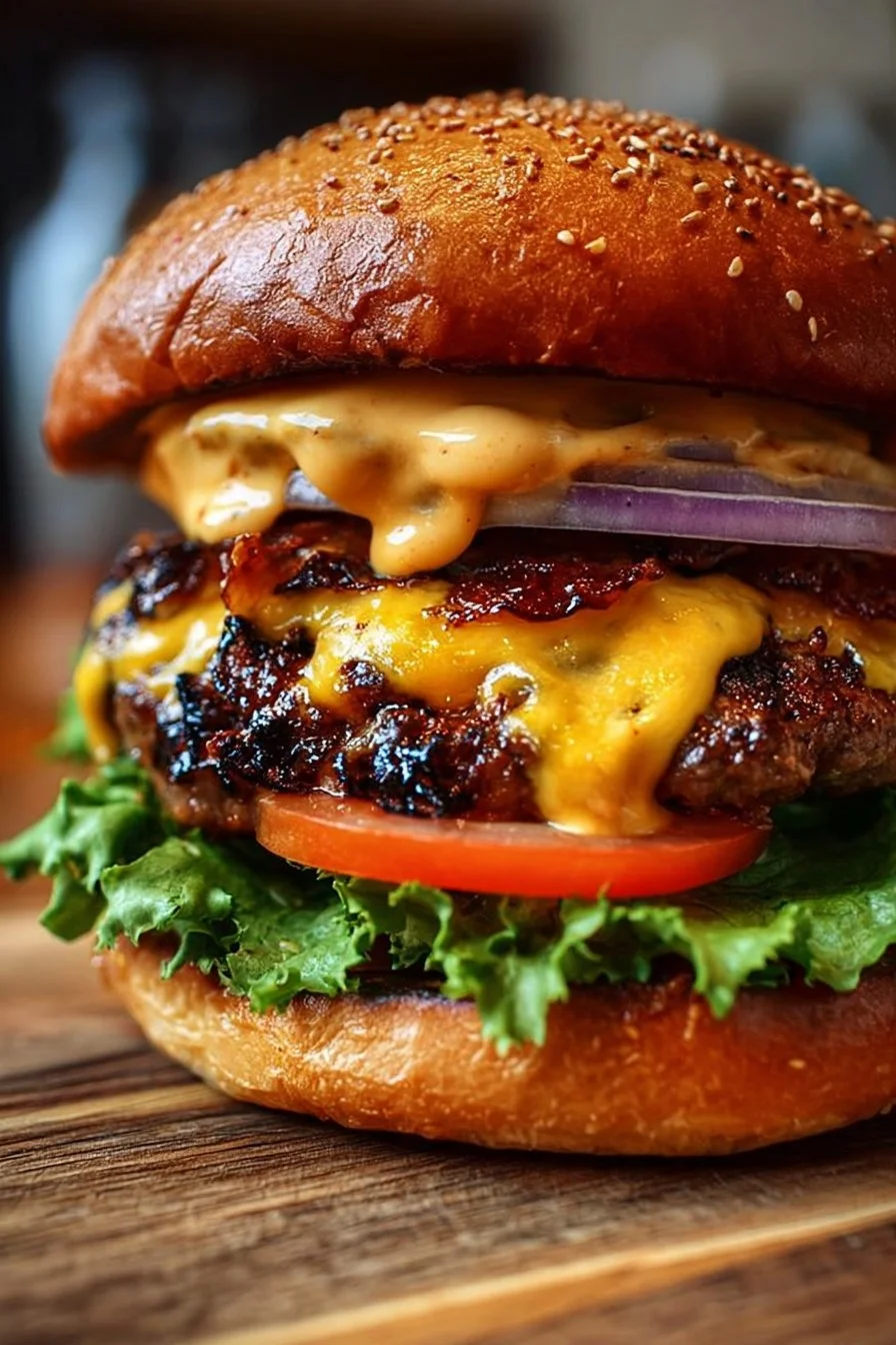 Smoky Cajun Cheese Burgers 2 Smoky Cajun cheese burgers served with toppings and sauces