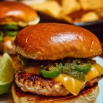 Spicy jalapeño chicken burgers topped with pepper jack cheese on a plate