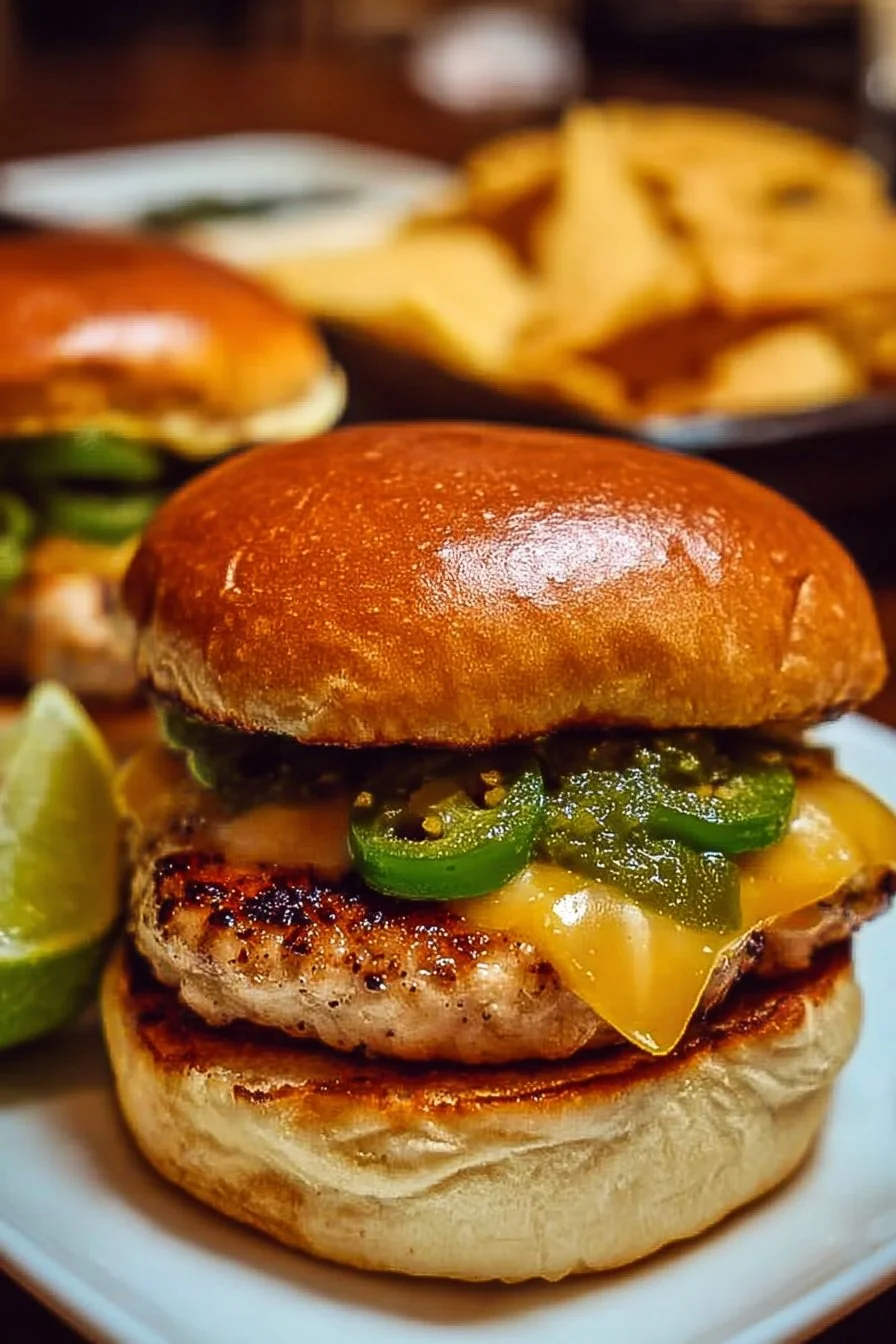 Spicy Jalapeño Pepper Jack Chicken Burgers 2 Spicy jalapeño chicken burgers topped with pepper jack cheese on a plate