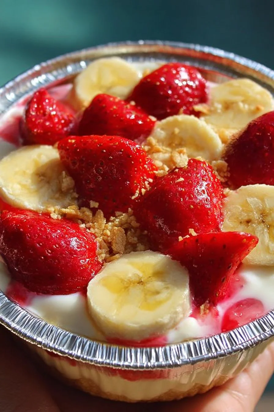 Delicious strawberry banana pudding topped with fresh fruit and whipped cream.