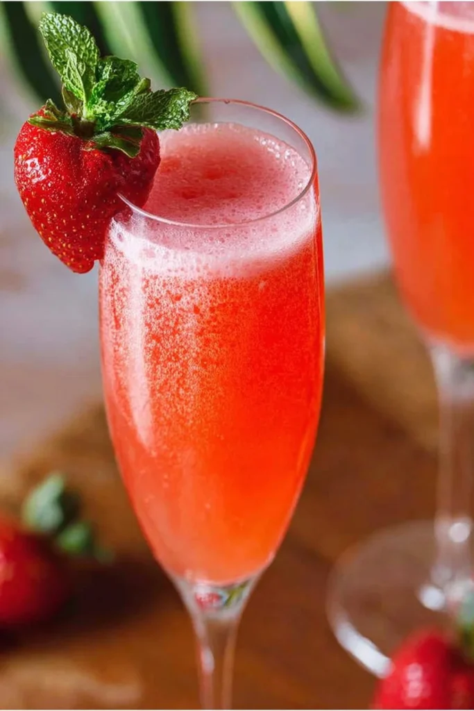 Chilled Strawberry Bellini cocktail in a glass with fresh strawberries