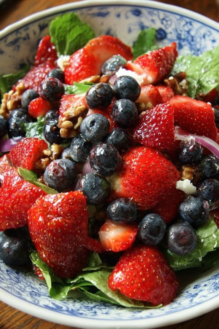 Fresh strawberry blueberry salad in a bowl with mint leaves