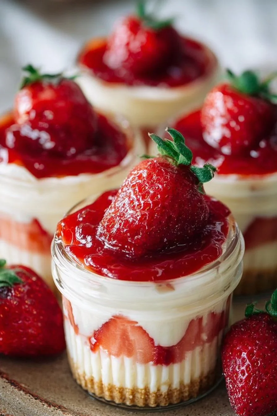 Delicious strawberry cheesecake cups topped with fresh strawberries.